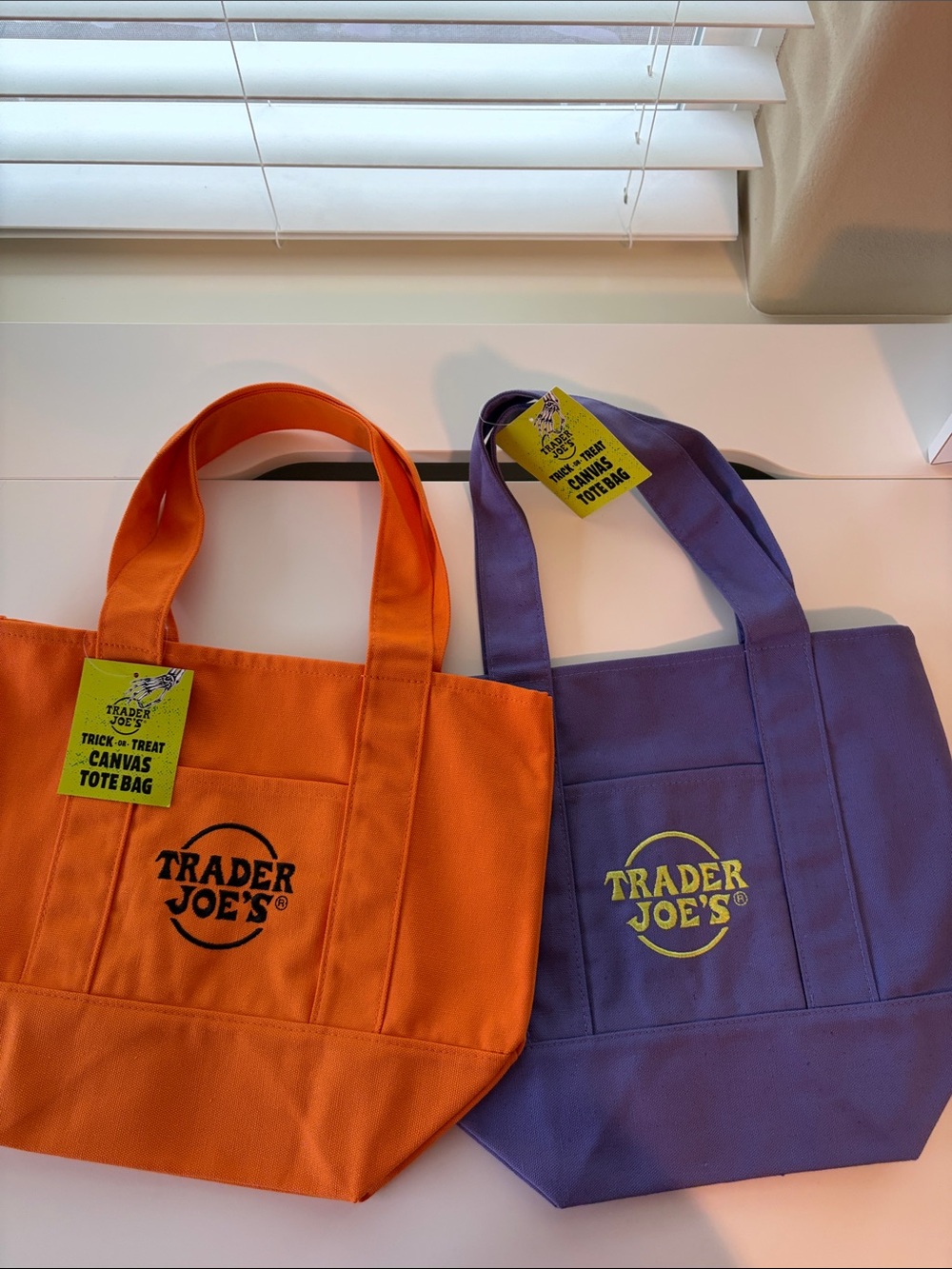Trader Joe's Canvas mini tote bags- Orange and Purple